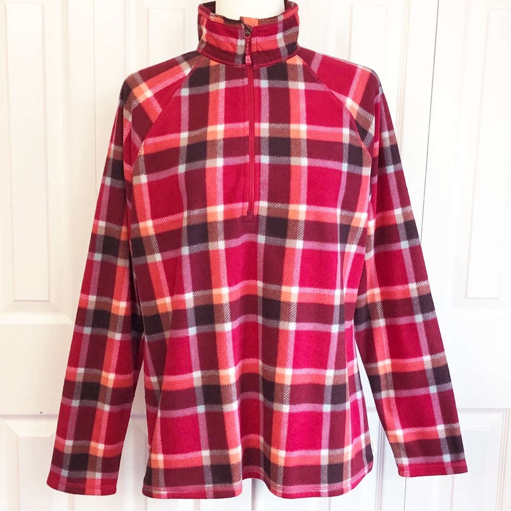 Eddie Bauer Cozy Dark Pink Plaid Print Fleece 1/2 Zip Pullover Large
